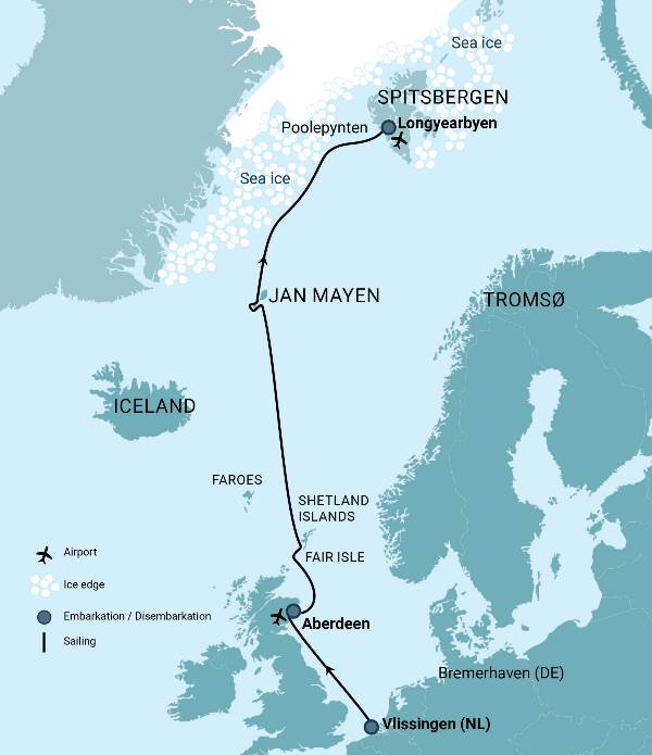 Map: Arctic Ocean - Aberdeen, Fair Isle, Jan Mayen, Ice edge, Spitsbergen, Birding (Oceanwide)