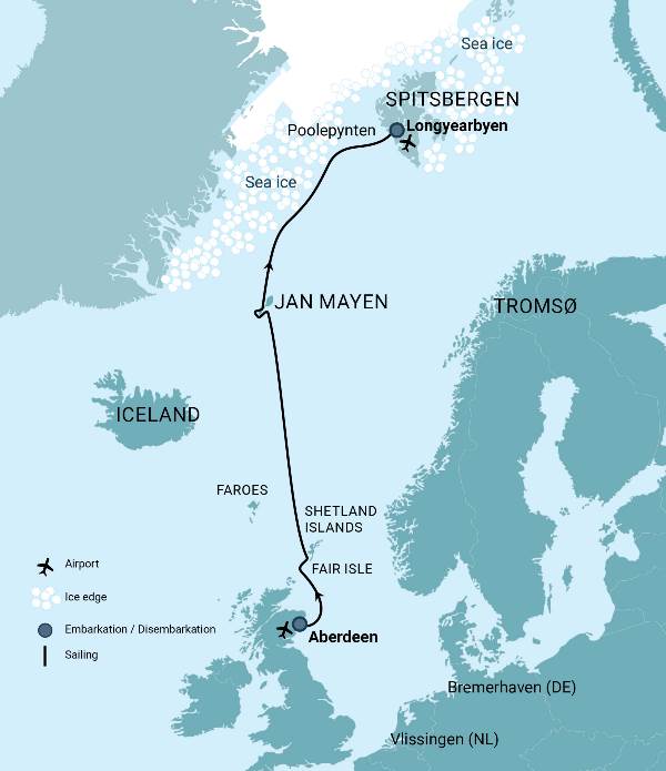 Map: Arctic Ocean - Fair Isle, Jan Mayen, Ice edge, Spitsbergen, Birding (Oceanwide)