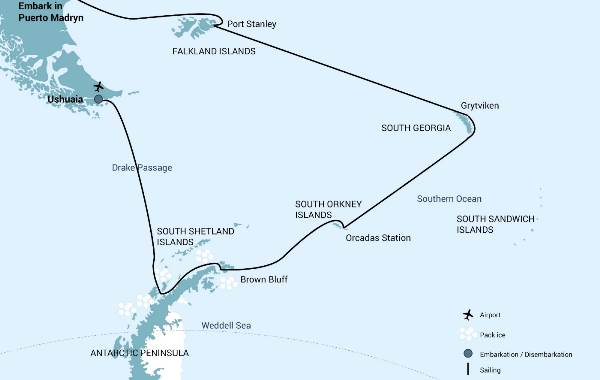 Map: Falkland Islands - South Georgia - Antarctic Peninsula (Oceanwide)