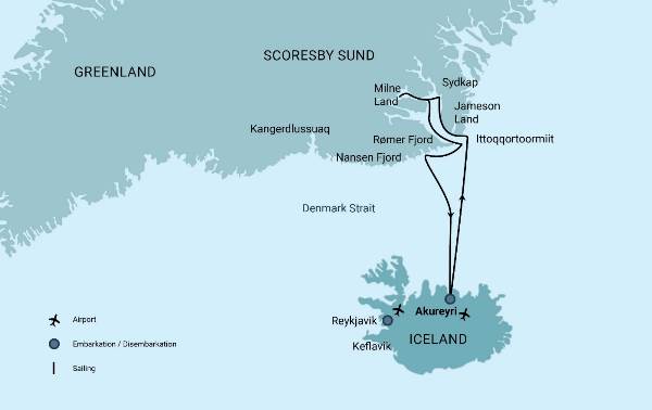 Map: East Greenland, Scoresby Sund - Aurora Borealis, Including Long Hikes (Oceanwide)