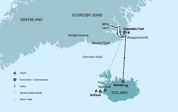 Map: East Greenland - Scoresby Sund - Iceland, Aurora Borealis, Fly & Sail (Oceanwide)