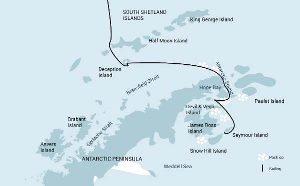 Map: Weddell Sea - In search of the Emperor Penguin, incl. helicopters (Oceanwide)