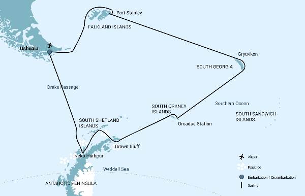 Map: Falkland Islands - South Georgia - Het Antarctisch Schiereiland (Oceanwide)