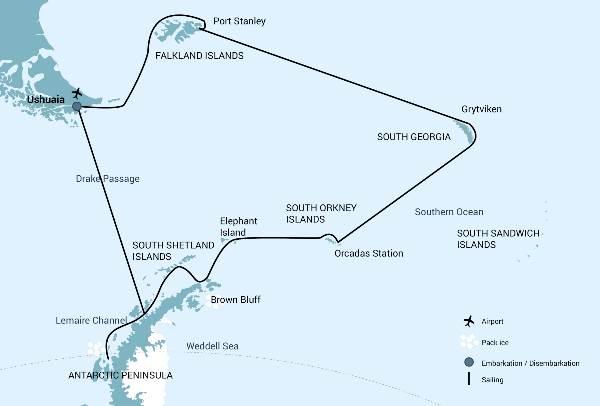 Map: Falkland Islands - South Georgia - Elephant Island - Antarctica - Polar Circle (Oceanwide)