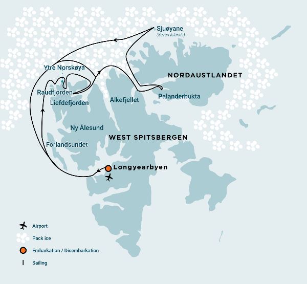 Map: Exploración al Norte de Spitsbergen - Diversos paisajes, hielo marino y vida salvaje - Solsticio de verano (Oceanwide)