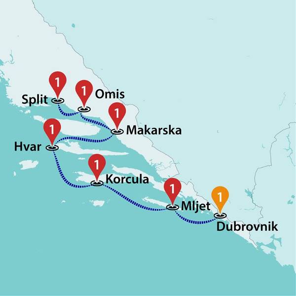 Map: Sail Dubrovnik to Split / Ensuite, Above Deck Cabins (Traveltalk)