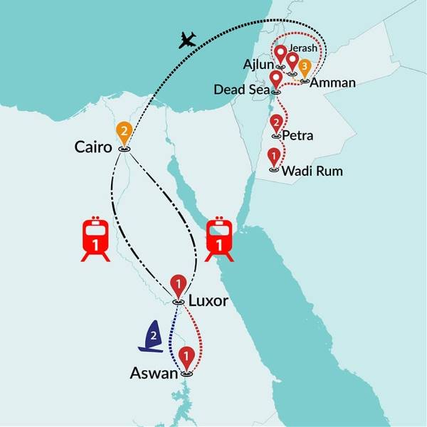 Map: Jordan & Egypt by Felucca (5 & 4 Star Hotels) (Traveltalk)