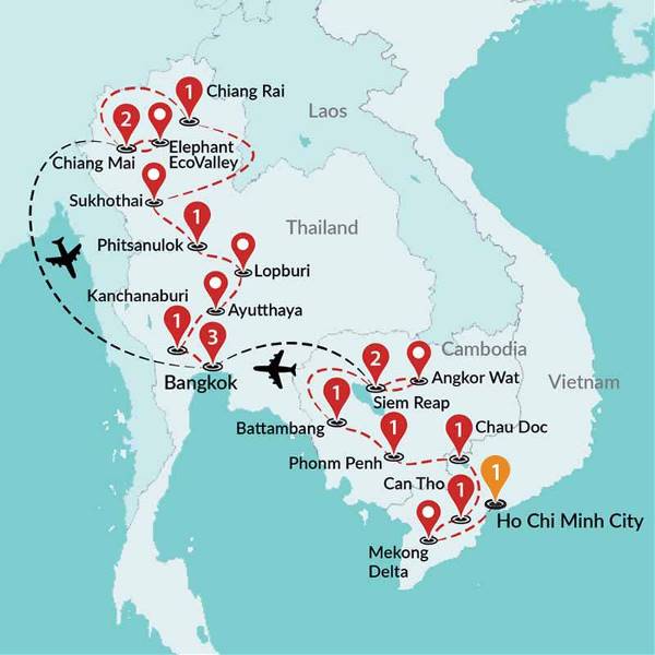 Map: Amazing Vietnam & Cambodia & Thailand ends Bangkok (Traveltalk)
