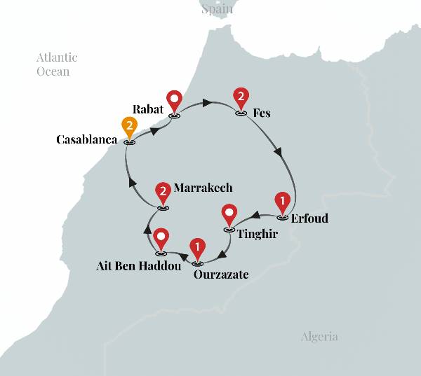 Map: Highlights of Morocco Luxury Tour (Ciconia)
