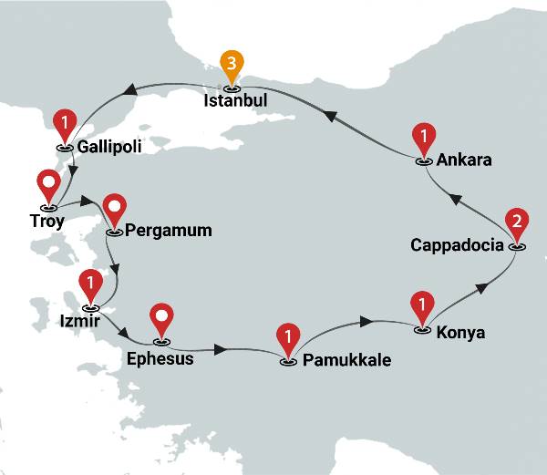 Map: Highlights of Turkey Luxury Tour (Ciconia)