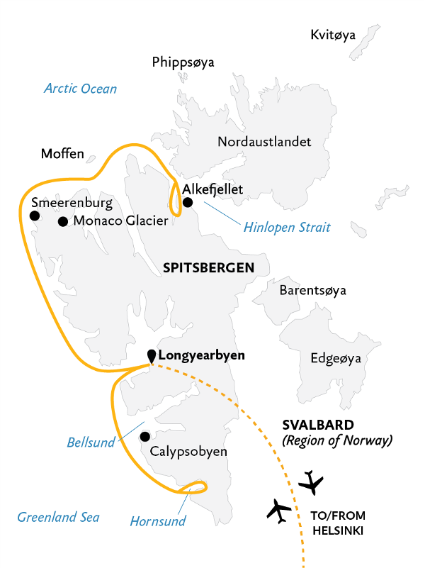 Map: Intro to Spitsbergen: Fjords, Glaciers and Wildlife of Svalbard (Quark)