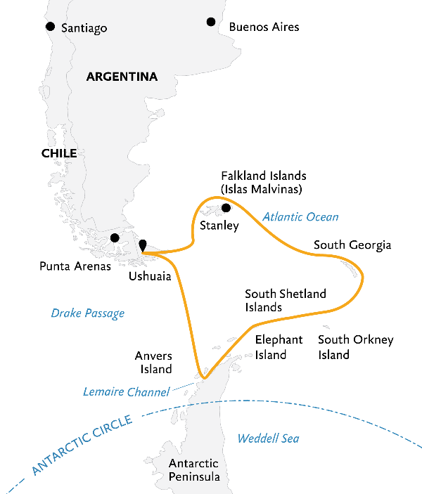 Map: Falklands, South Georgia, and Antarctica: Explorers and Kings (Quark)