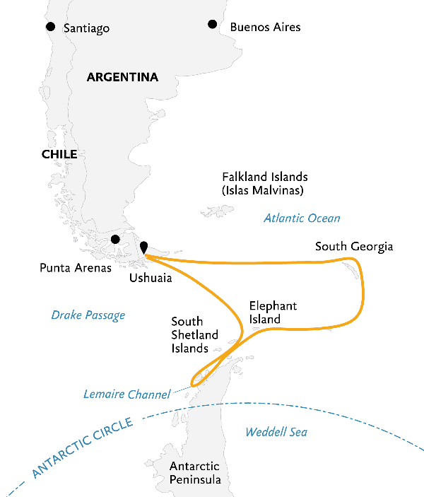 Map: South Georgia and Antarctic Peninsula: Penguin Safari (Quark)