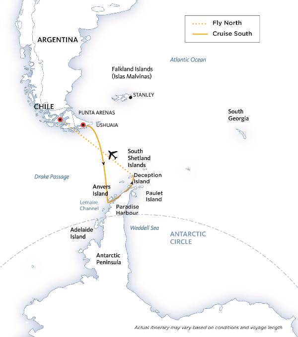 Map: Antarctic Express: Cruise South, Fly North (Quark)