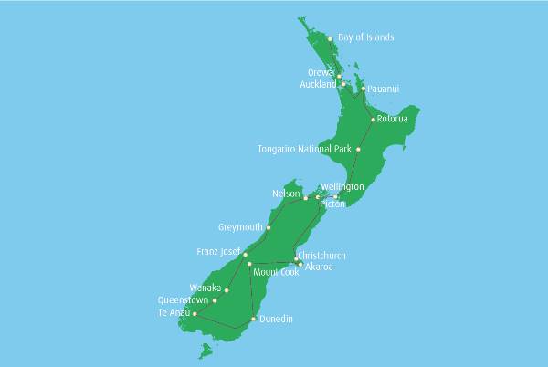 Map: Autoreis De hoogtepunten van Nieuw-Zeeland (Travelworld NL)