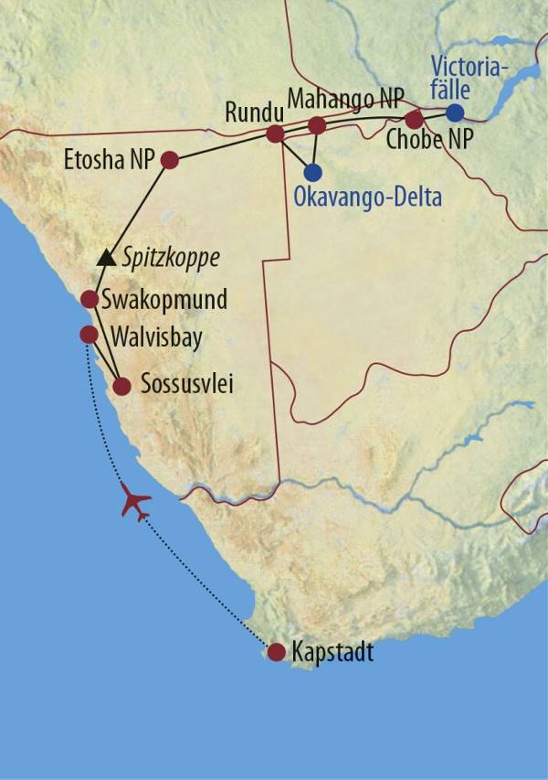 Map: Südafrika • Namibia • Botswana • Simbabwe: Vom Tafelberg zu den Victoriafällen (Diamir)
