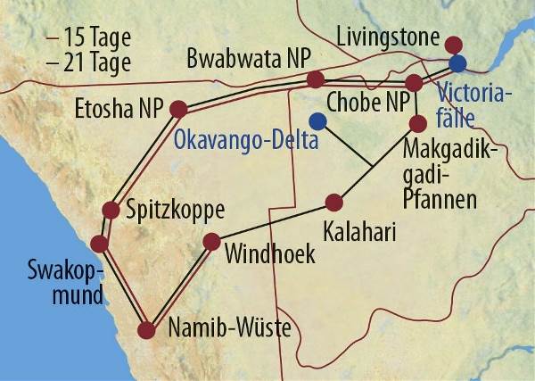 Map: Namibia • Botswana • Sambia: Wüste, Felsmalereien und Victoriafälle (Diamir)