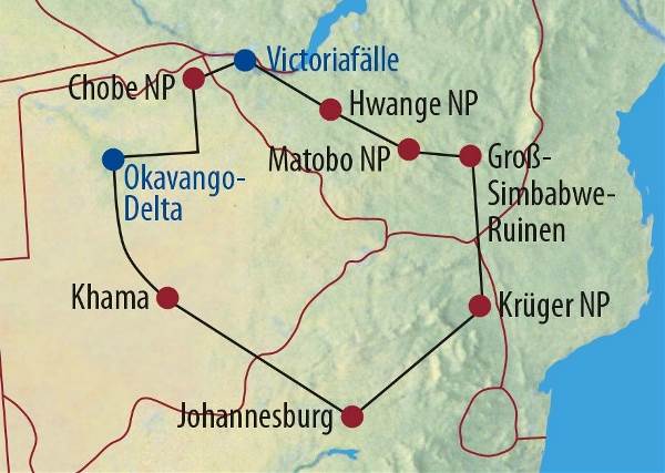 Map: Südafrika • Simbabwe • Botswana: Entdeckungen im Safariparadies (Diamir)