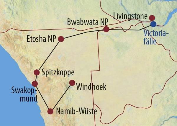 Map: Namibia • Sambia: Wüste, Felsmalereien und Victoriafälle (Diamir)