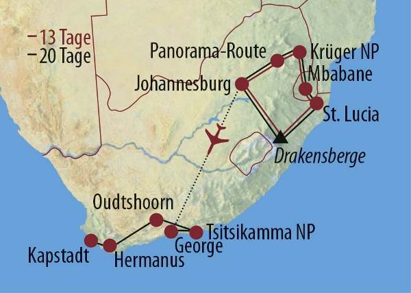 Map: Südafrika • Eswatini: Vom Kruger-Nationalpark bis zu den Drakensbergen (Diamir)