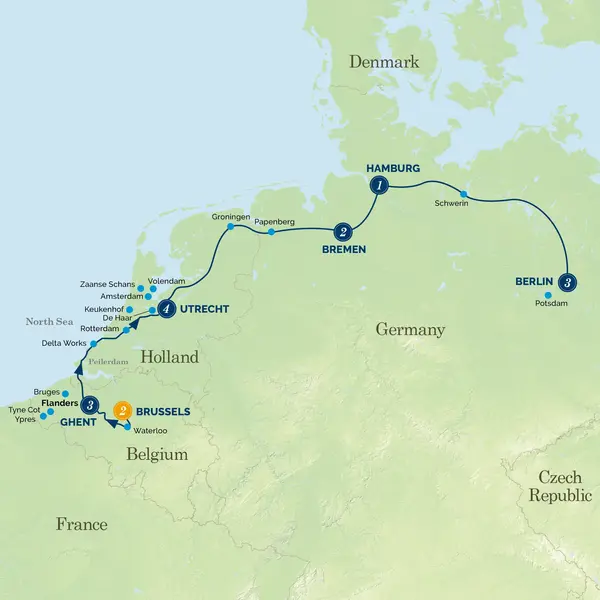 Map: Brussels to Berlin - Chocolate, Canals & Culture (Albatross Tours)