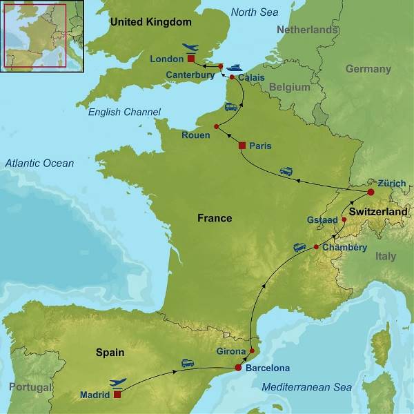 Map: Sensational Spain, Switzerland, Paris and London (Indus)