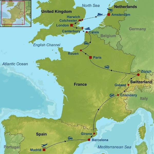 Map: Sensational Spain, Switzerland, Paris, London and Amsterdam (Indus)