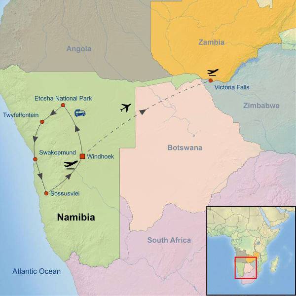 Map: Magical Namibia and Victoria Falls (Indus)