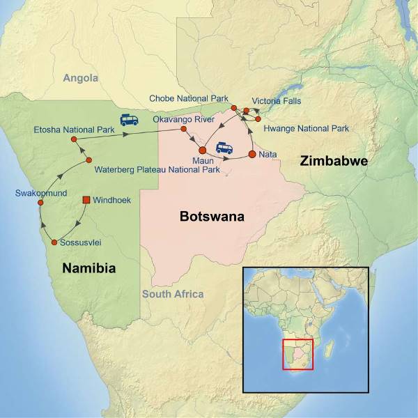 Map: Highlights of Namibia, Botswana and Zimbabwe (Indus)