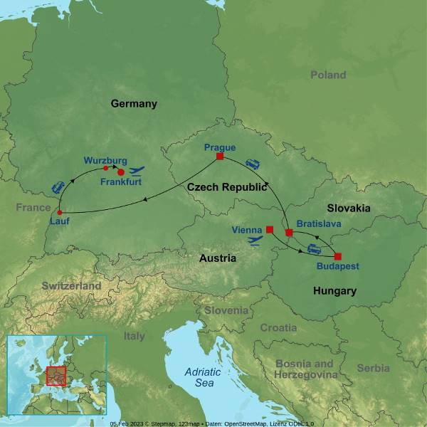 Map: Highlights of Vienna Budapest Prague and Frankfurt (Indus)