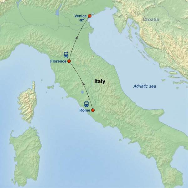 Map: Picturesque Solo Italy by Rail Tour (Indus)
