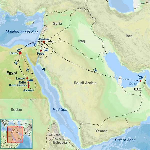 Map: Highlights of Egypt Jordan and Dubai (Indus)