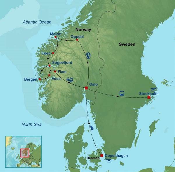 Map: Norwegian Fjords With Copenhagen And Stockholm (Indus)