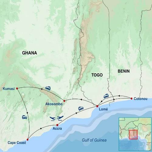 Map: Ghana Togo and Benin Heritage and Cultural Tour (Indus)
