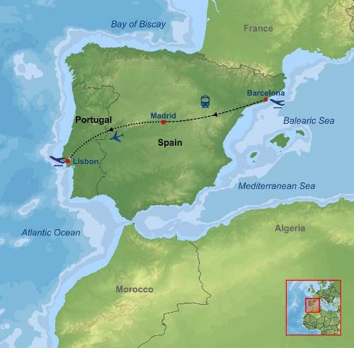 Map: Barcelona Madrid and Lisbon City Package (Indus)