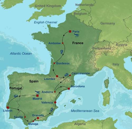 Map: Paris Lourdes and Best of Spain and Portugal (Indus)