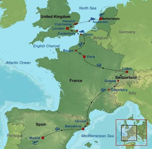 Map: Sensational Spain, Switzerland, Paris, London and Amsterdam (Indus)