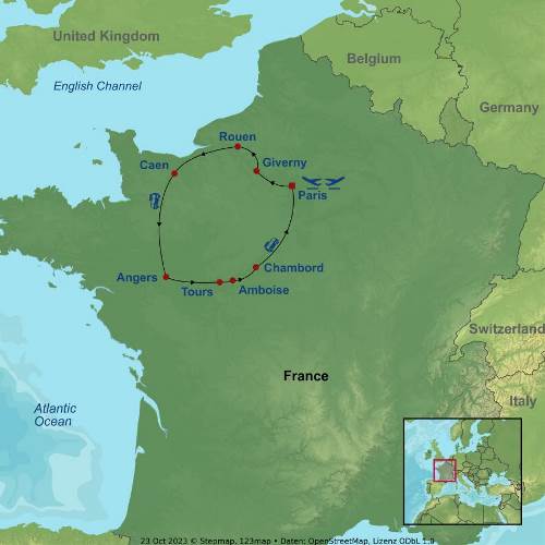 Map: Highlights of Paris Normandy and the Loire Valley (Indus)