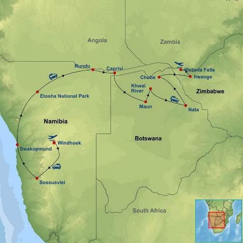 Map: Highlights of Namibia, Botswana and Zimbabwe (Indus)