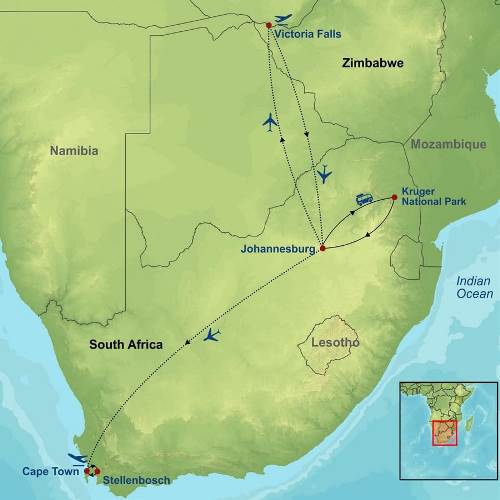 Map: Discover South Africa and Victoria Falls (Indus)