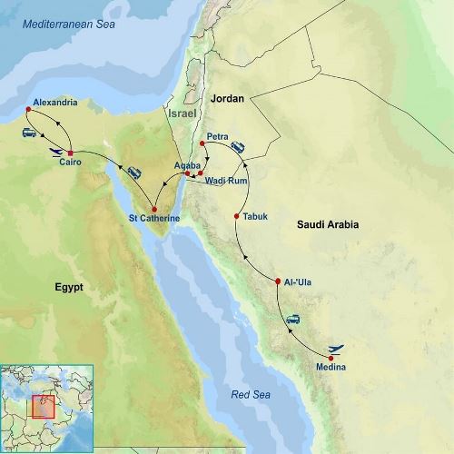 Map: Highlights of Saudi Arabia Jordan and Egypt (Indus)