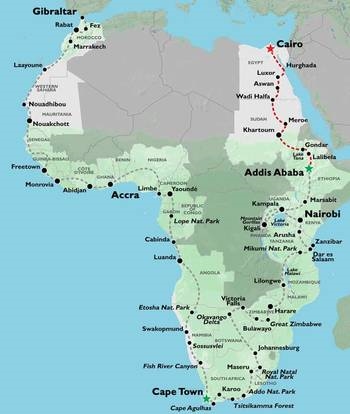 Map: Addis Ababa to Cairo (38 Days) Nile Trans (Oasis)
