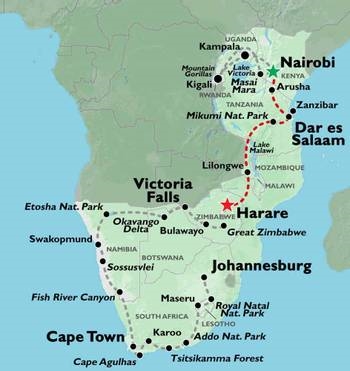 Map: Nairobi To Harare (22 Days) Savanna Dawn (Oasis)