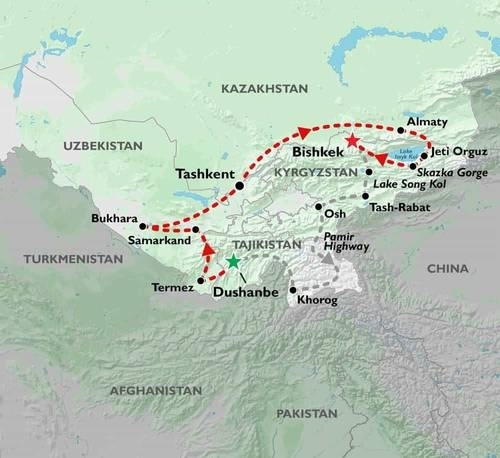 Map: Dushanbe To Bishkek (22 Days) (Oasis)