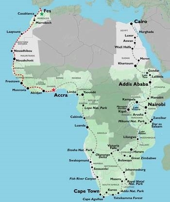 Map: Fes to Accra (75 Days) Trans Africa (Oasis)