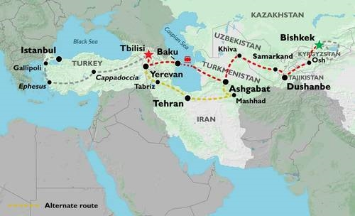 Map: BISHKEK to TBILISI (42 days) Kyrgyzstan to Caucasu (Oasis)