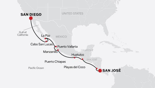 Map: San Diego To San Jose (Puerto Caldera) (American Queen Voyages)