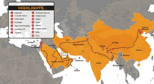 Map: Beijing To Amman Overland Expedition (Madventure)