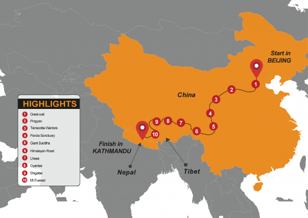 Map: China, Tibet & Nepal Overland (Madventure)