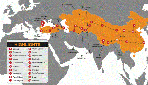 Map: Istanbul To Almaty Overland Group Tour (Madventure)